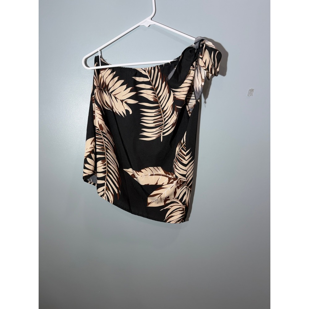 One Shoulder Tropical Palm Leaf Print Tie Shoulder Top Black Tan Cream Blouse